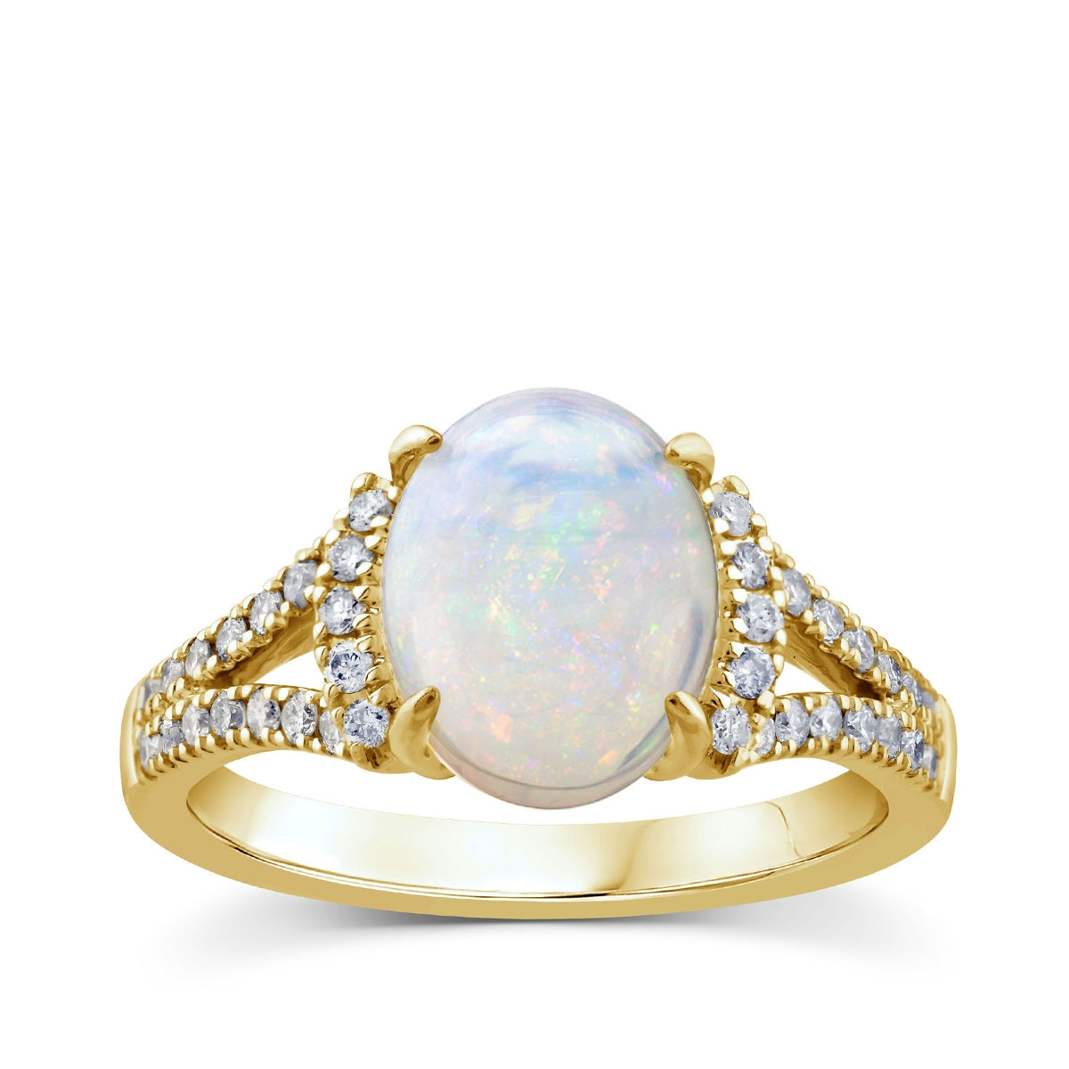 Oval Ethiopian Opal & 1/3 ct. tw. Diamond Split Shank Ring in 10K Yellow Gold