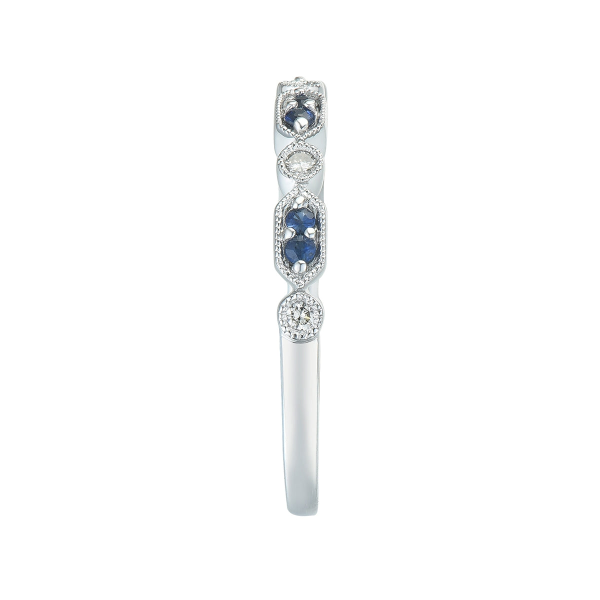 Sapphire & Diamond Accent Milgrain Stackable Ring in 10K White Gold close-up detail