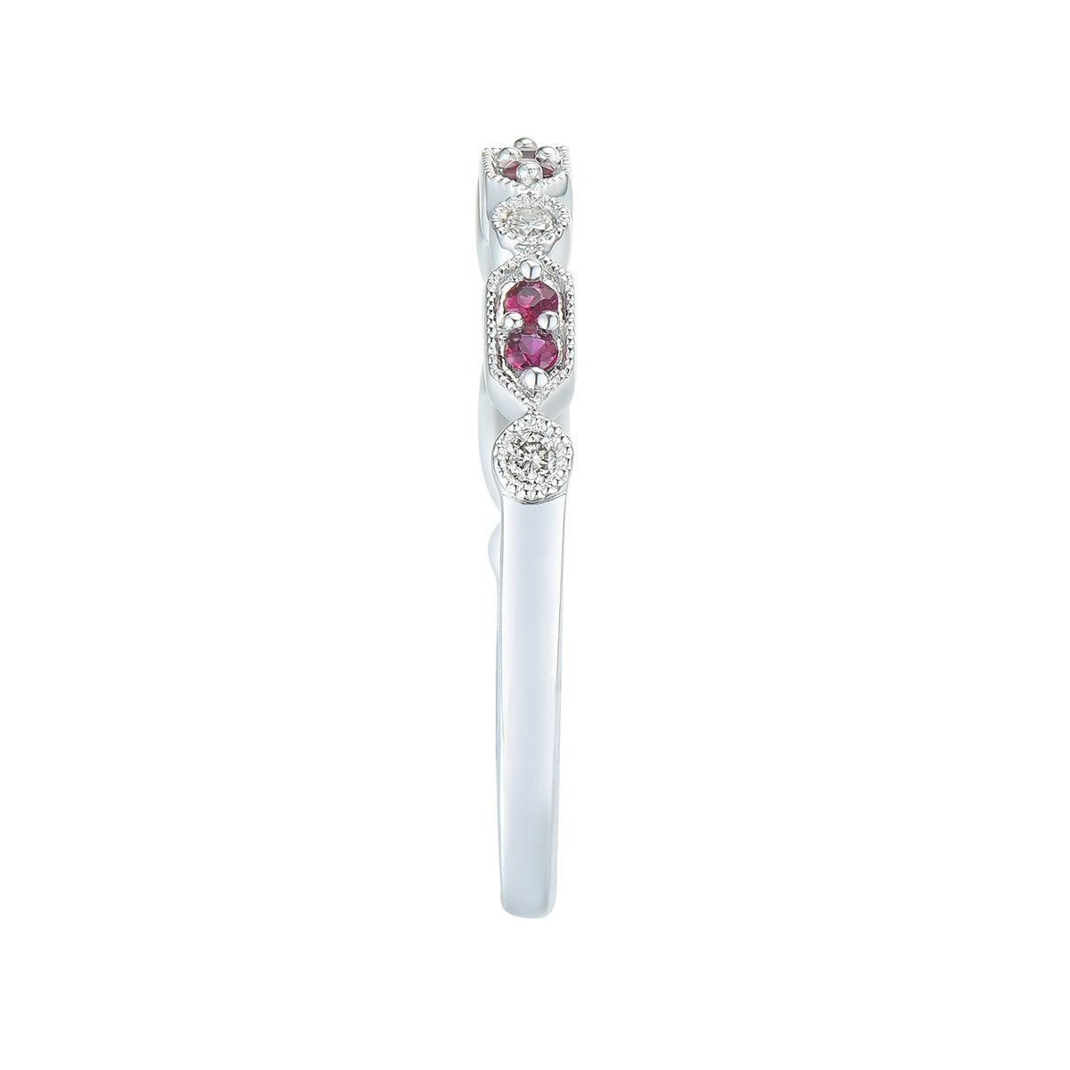 Ruby & Diamond Accent Milgrain Stackable Ring in 10K White Gold close-up detail