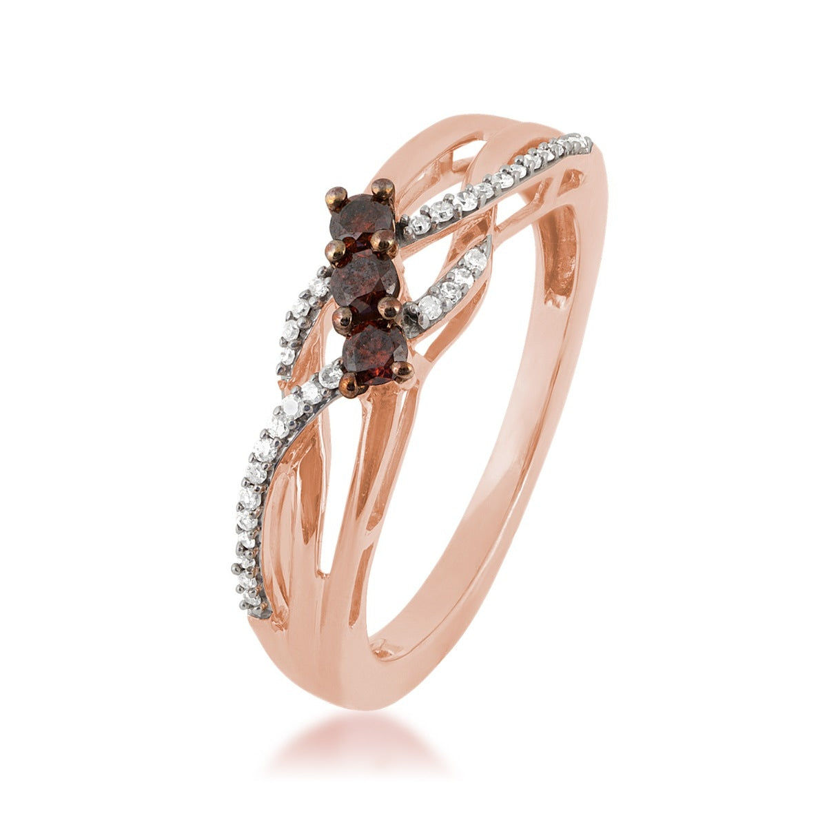 Mocha Collection 1/5 ct. tw. 3-Stone Treated Cognac & White Diamond Crossover Ring in 10K Pink Gold front view