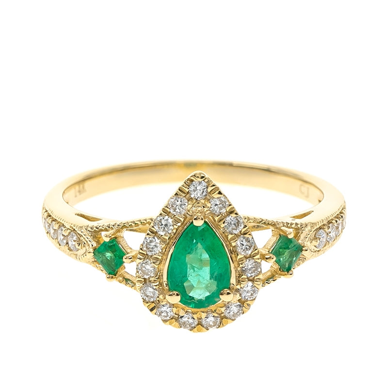 Pear Emerald & 1/5 ct. tw. Diamond Halo Milgrain Ring in 14K Yellow Gold