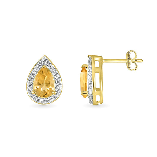 Pear Citrine & 1/6 ct. tw. Diamond Halo Earrings in 10K Yellow Gold close-up detail