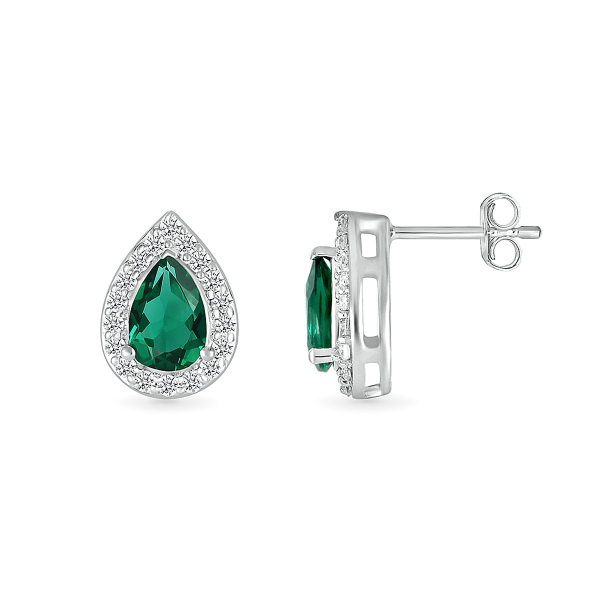 Created Pear Emerald & 1/6 ct. tw. Diamond Halo Earrings in 10K White Gold close-up detail