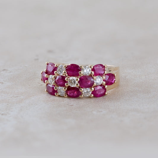 Oval Ruby & 1/2 ct. tw. Diamond Multirow Ring in 14K Yellow Gold close-up detail