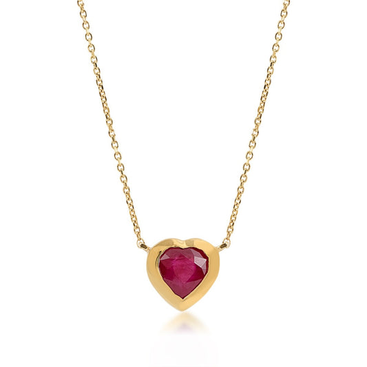 Heart Ruby & Bezel Set Diamond Accent Necklace in 14K Yellow Gold front view