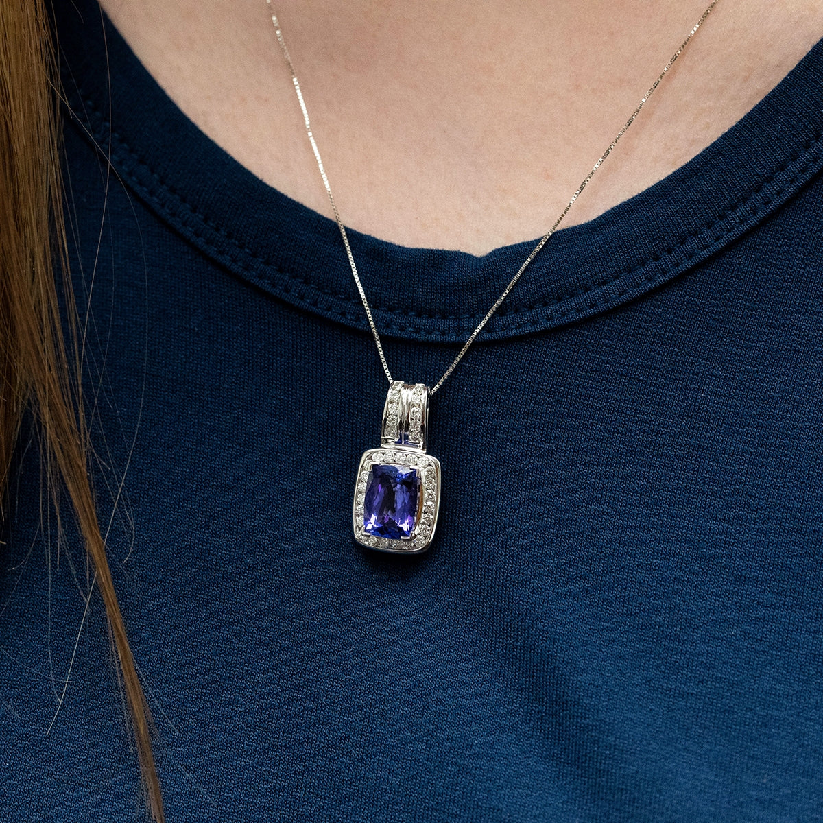 Cushion Tanzanite & 3/4 ct. tw. Diamond Halo Pendant in 14K White Gold front view