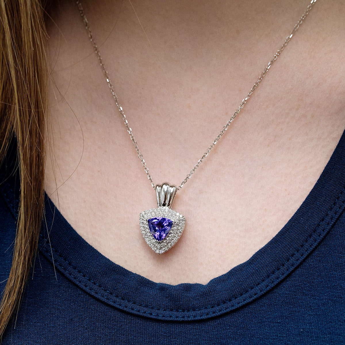 Trillion Tanzanite & 5/8 ct. tw. Diamond Double Halo Pendant in 14K White Gold front view