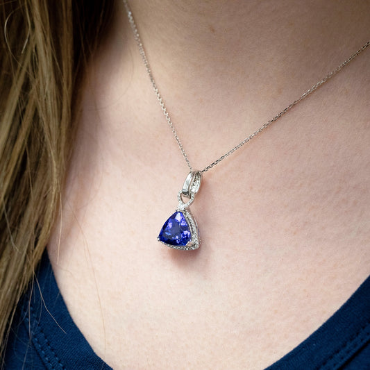 Trillion Tanzanite & 1/4 ct. tw. Diamond Halo Pendant in 14K White Gold front view
