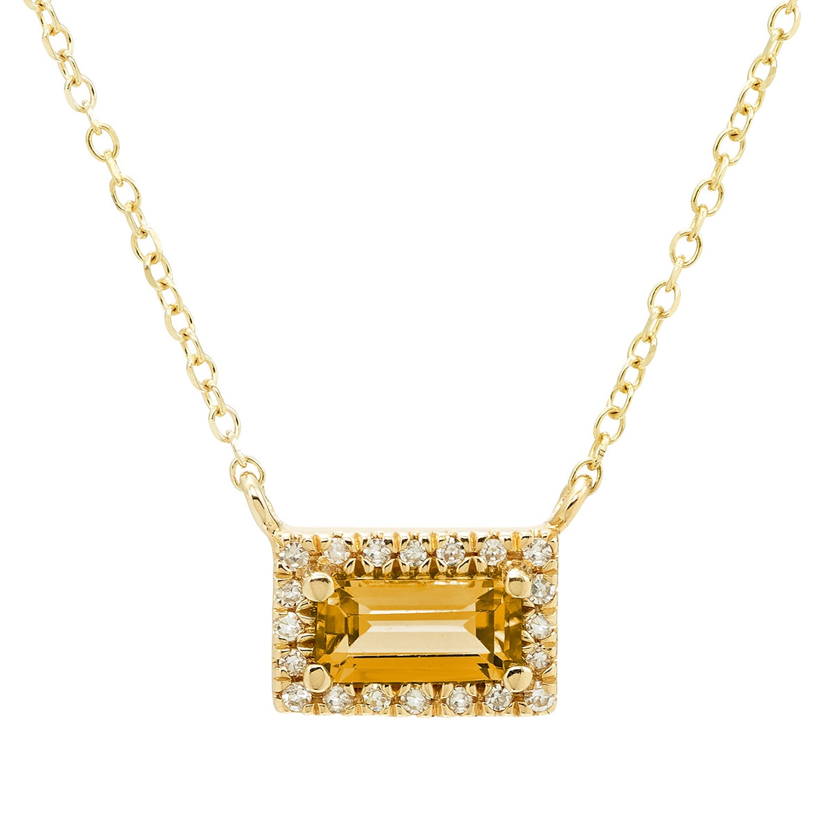 Emerald Cut Citrine & Diamond Halo Necklace in 10K Yellow Gold