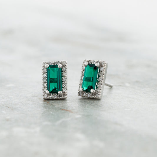 Created Emerald Cut Emerald & 1/8 ct. tw. Diamond Halo Earrings in 10K White Gold front view