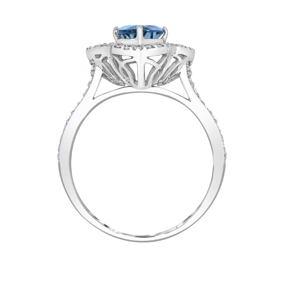 Oval Blue Zircon, Sapphire & 1/2 ct. tw. Diamond Floral Ring in 14K White Gold close-up detail