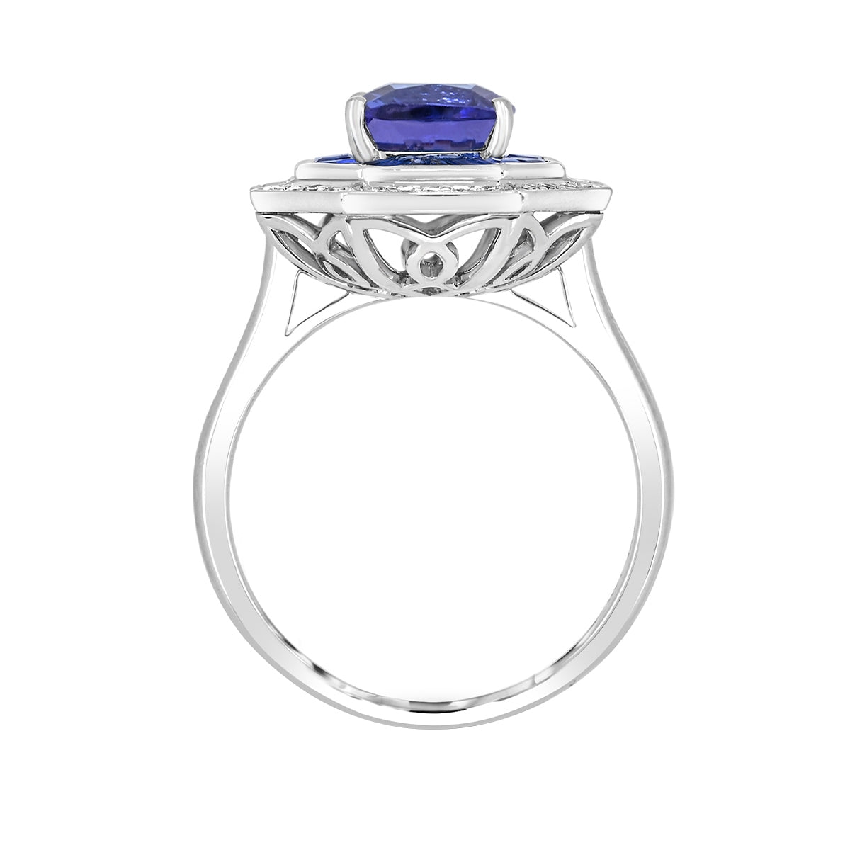 Cushion Tanzanite, Sapphire & 1/8 ct. tw. Diamond Octagon Halo Ring in 14K White Gold close-up detail