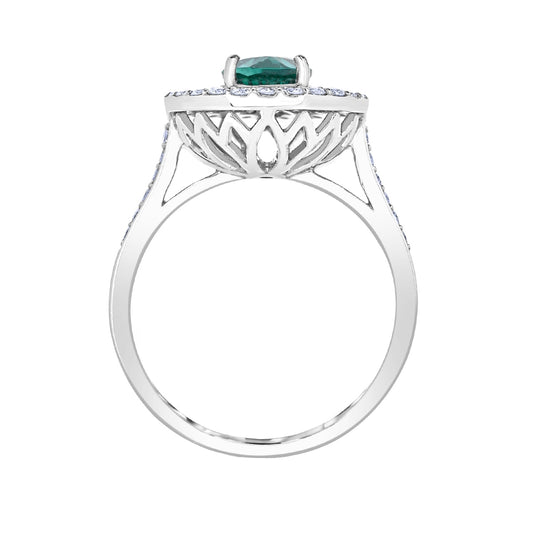 Pear Emerald & 1/2 ct. tw. Diamond Halo Ring in 14K White Gold close-up detail