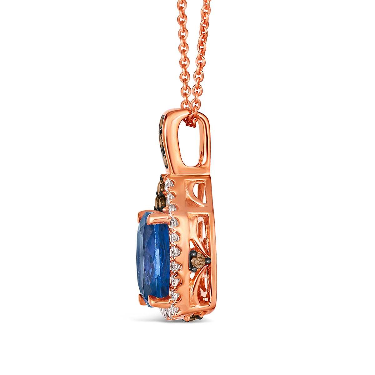 Le Vian Cushion Blueberry Tanzanite & 1/4 ct. tw. Vanilla & Chocolate Diamond Halo Pendant in 14K Strawberry Gold front view