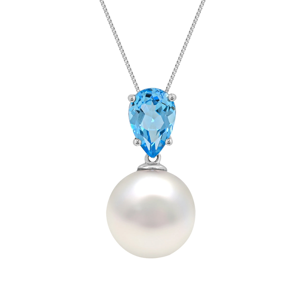 Cultured Freshwater Pearl & Pear Swiss Blue Topaz Pendant in 14K White Gold