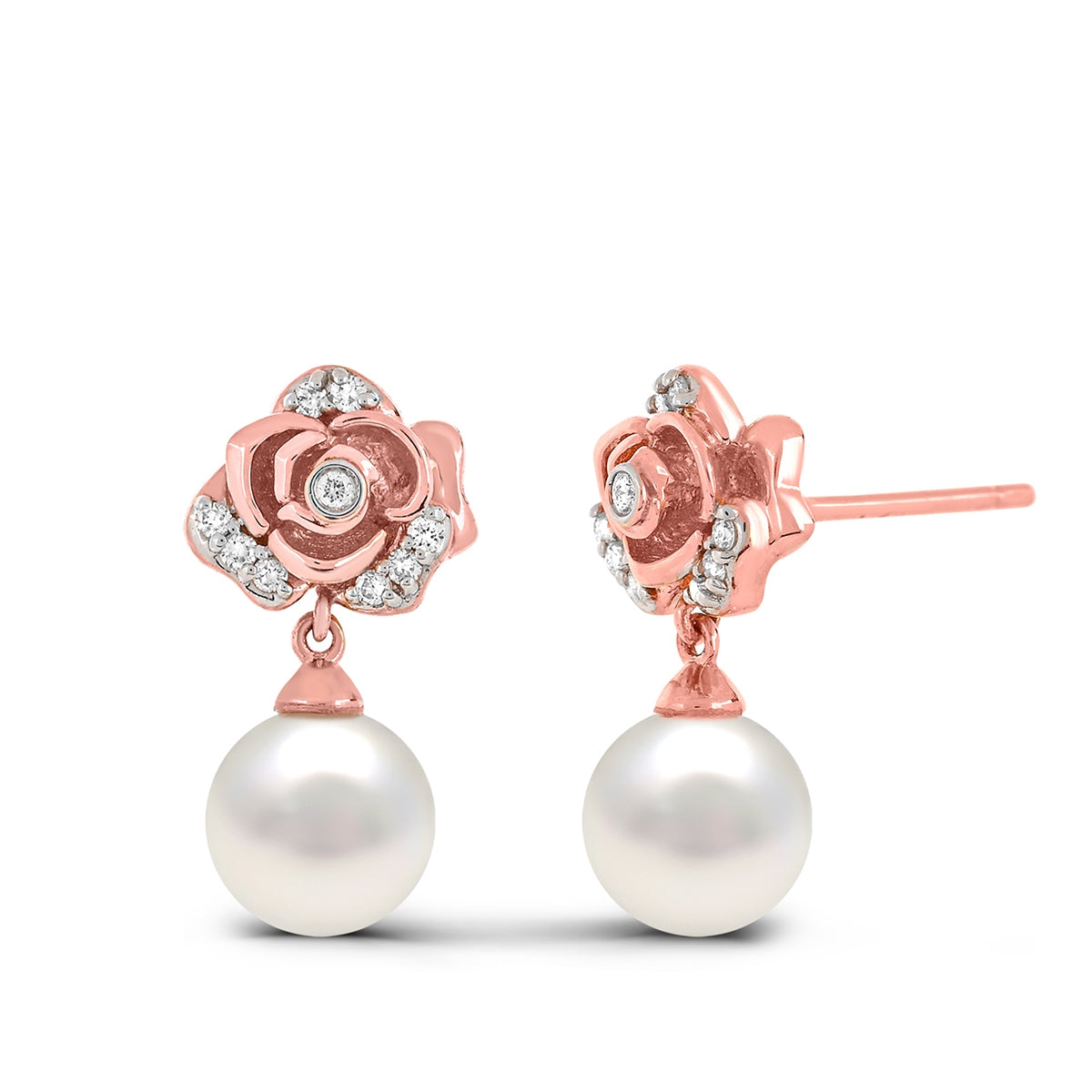 Cultured Freshwater Pearl & 1/10 ct. tw. Diamond Rose Drop Earrings in 14K Pink Gold