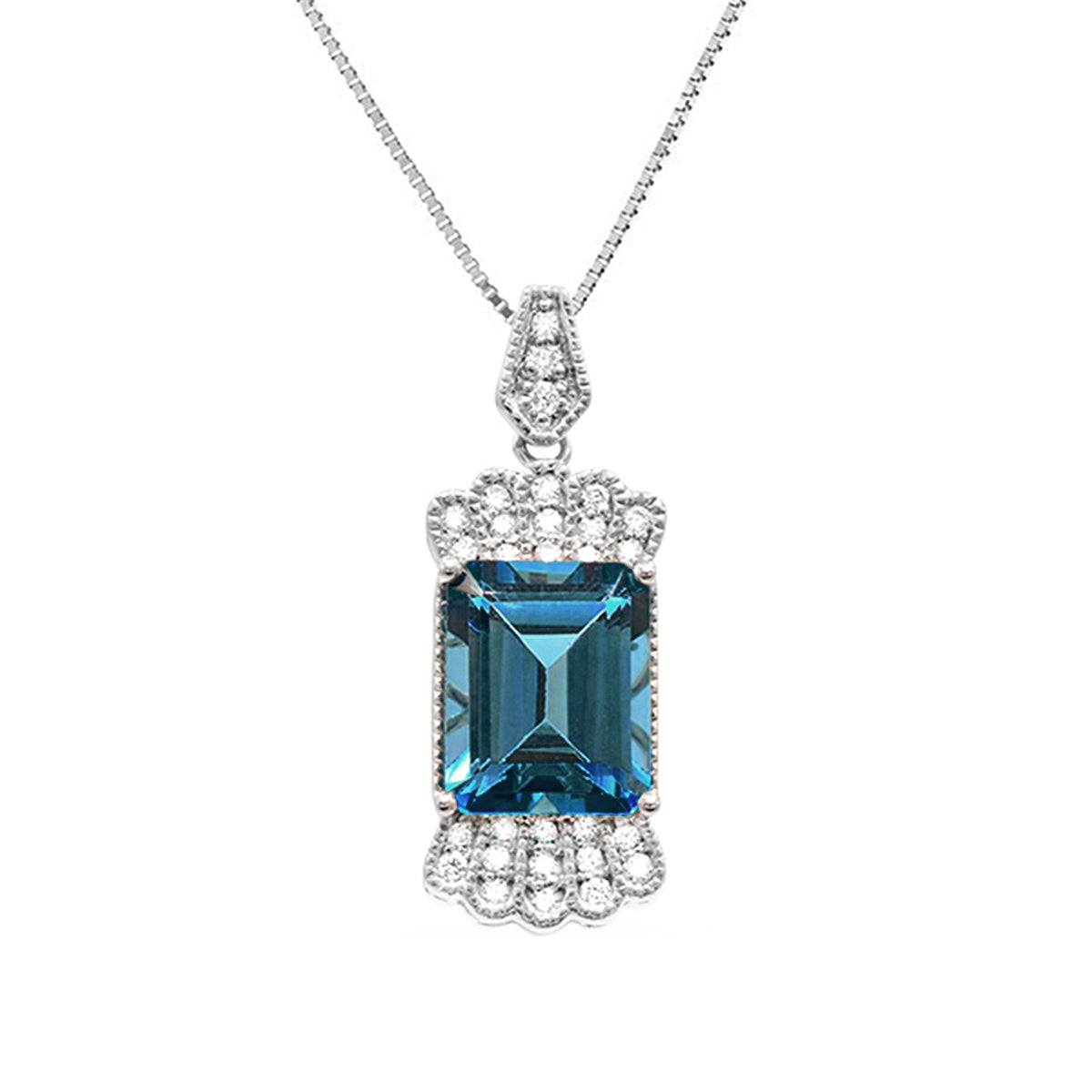 Emerald Cut London Blue Topaz & 1/6 ct. tw. Diamond Milgrain Pendant in 14K White Gold