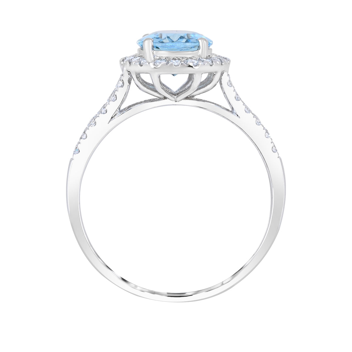 Oval Aquamarine & 3/8 ct. tw. Diamond Halo Split Shank Ring in 14K White Gold close-up detail