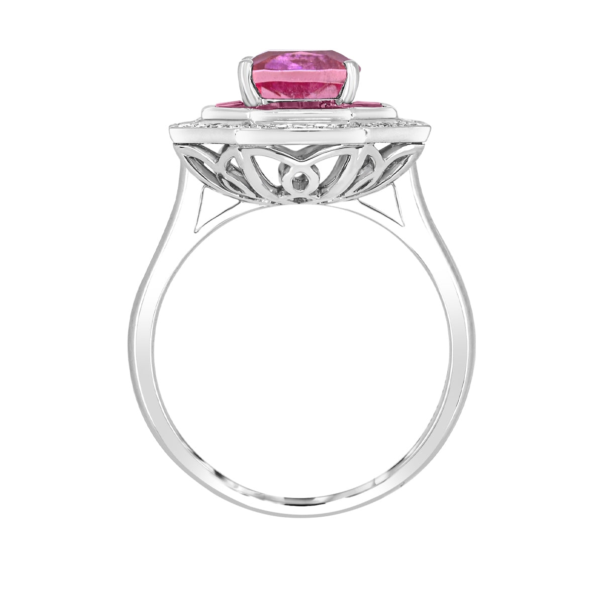 Cushion Pink Tourmaline, Ruby & 1/5 ct. tw. Diamond Octagon Halo Ring in 14K White Gold close-up detail