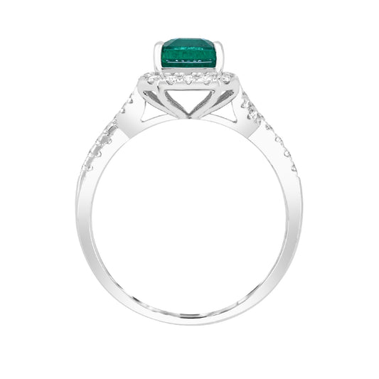 Emerald Cut Emerald & 3/8 ct. tw. Diamond Halo Twist Ring in 14K White Gold close-up detail
