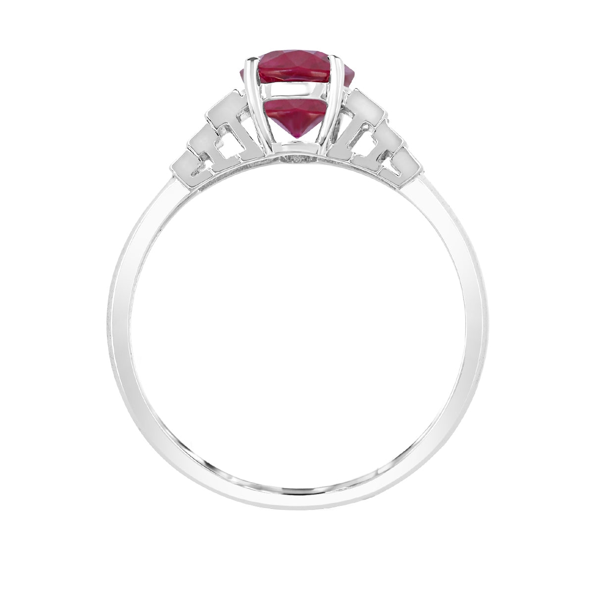 Oval Ruby & 1/3 ct. tw. Baguette Diamond Ring in 14K White Gold close-up detail