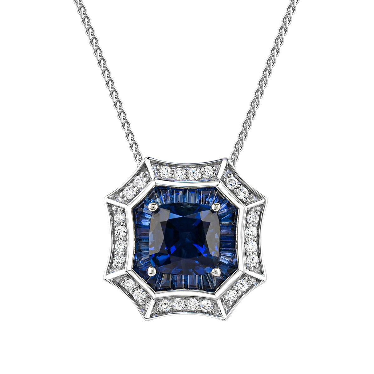 Cushion Sapphire & 1/5 ct. tw. Diamond Octagon Halo Pendant in 14K White Gold