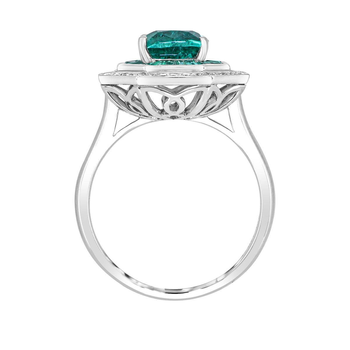Cushion Emerald & 1/5 ct. tw. Diamond Octagon Halo Ring in 14K White Gold close-up detail