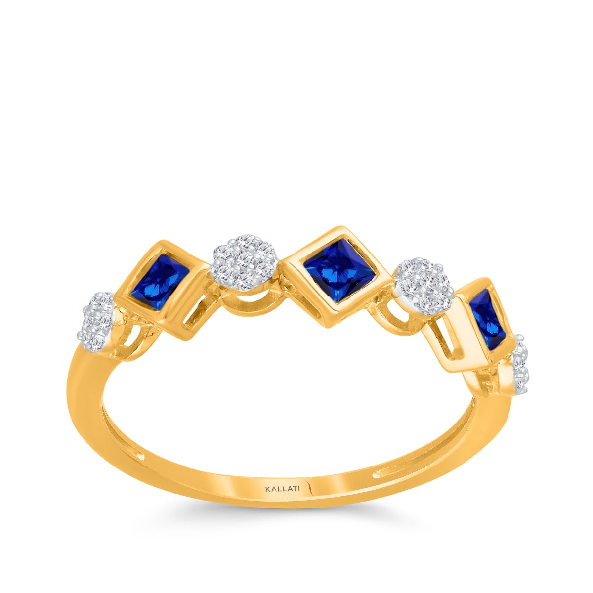 Kallati Bezel Set Square Sapphire & 1/10 ct. tw. Diamond Cluster Ring in 14K Yellow Gold