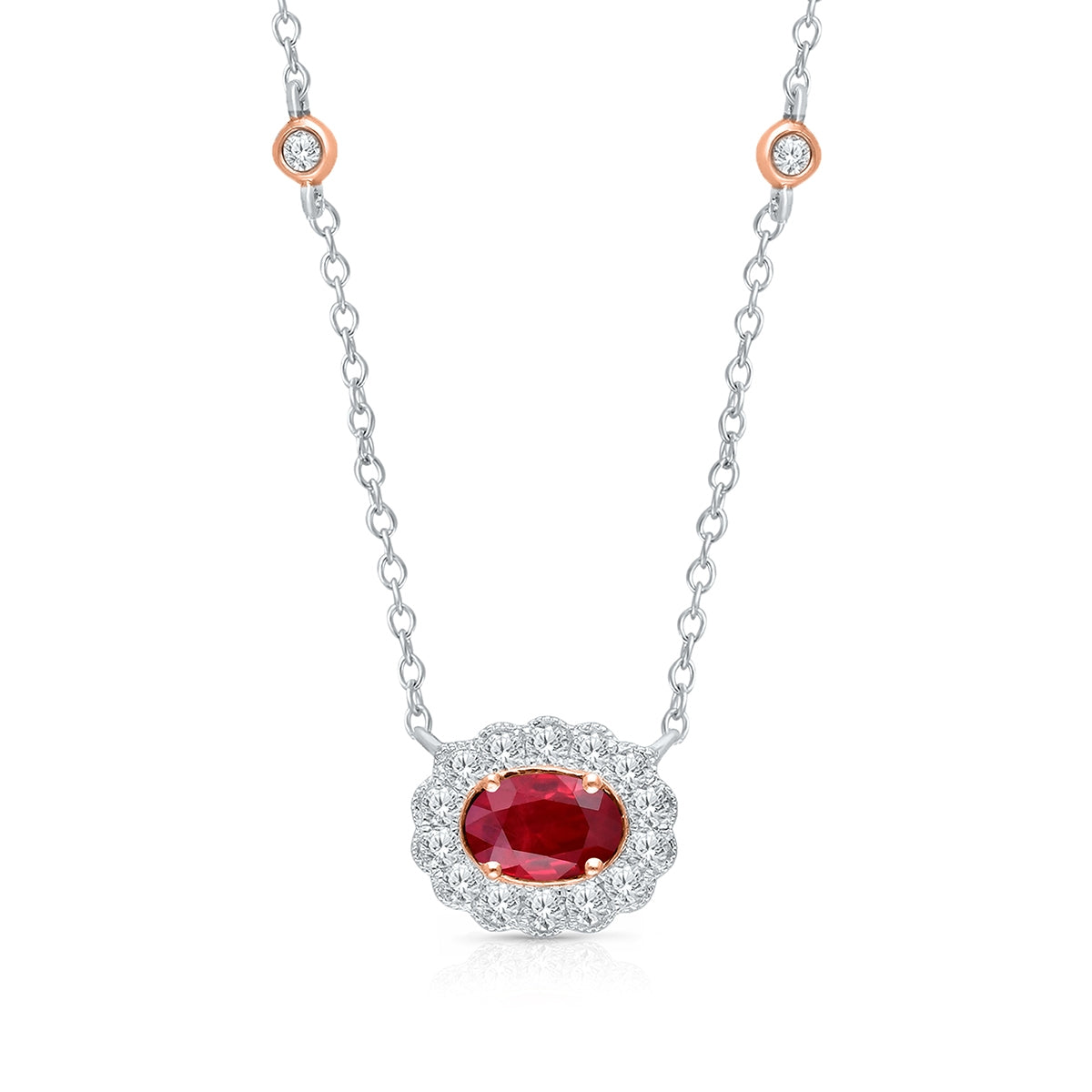 Kallati Oval Ruby & 1/4 ct. tw. Diamond Halo Milgrain Necklace in 14K White & Pink Gold