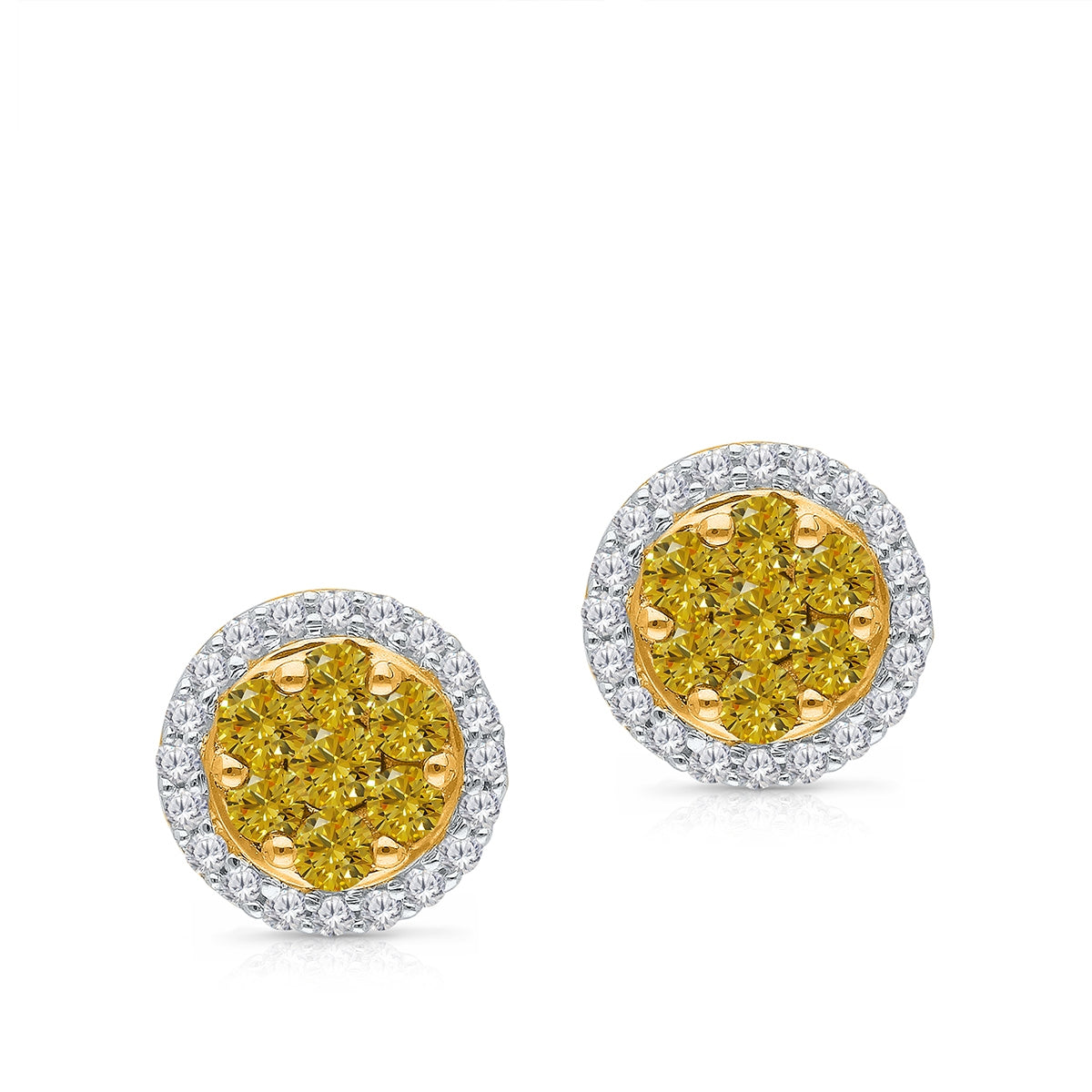 Kallati 1 ct. tw. Yellow & White Diamond Cluster Halo Earrings in 14K Yellow Gold front view