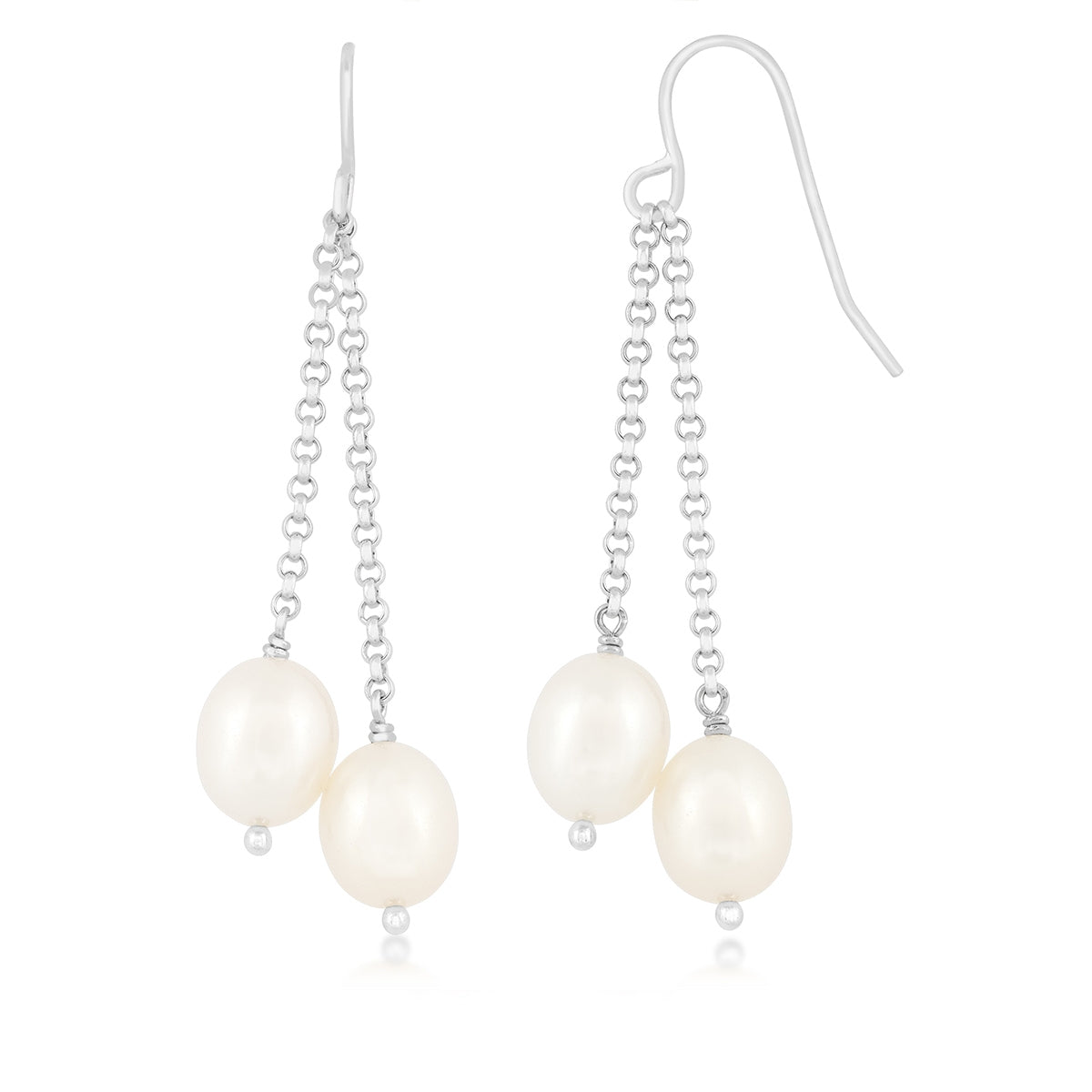 8mm Cultured Freshwater Pearl Double Drop Earrings in Sterling Silver