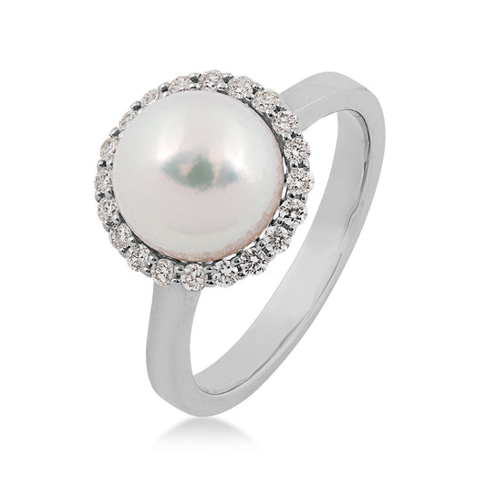 8-9mm Cultured Akoya Pearl & 1/3 ct. tw. Diamond Halo Ring in 14K White Gold front view