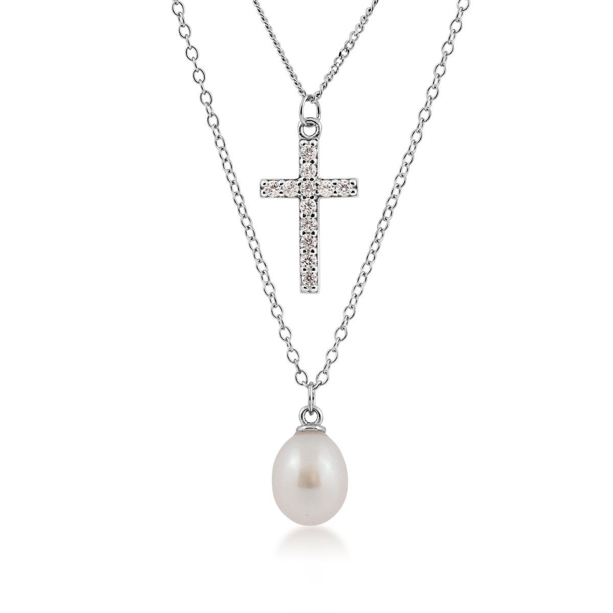 8-9mm Cultured Freshwater Pearl & Created White Sapphire Cross Layered Necklace in Sterling Silver