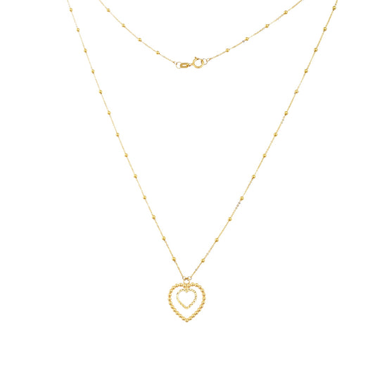 Double Heart Necklace with Sparkle Bead Chain in 10K Yellow Gold front view