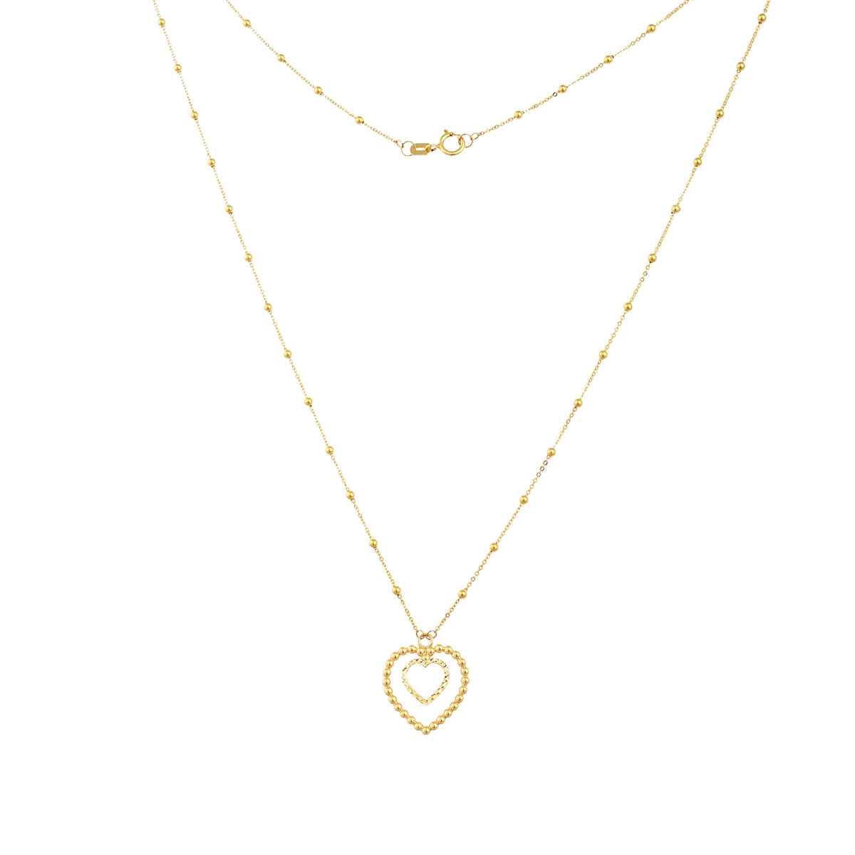 Double Heart Necklace with Sparkle Bead Chain in 10K Yellow Gold front view