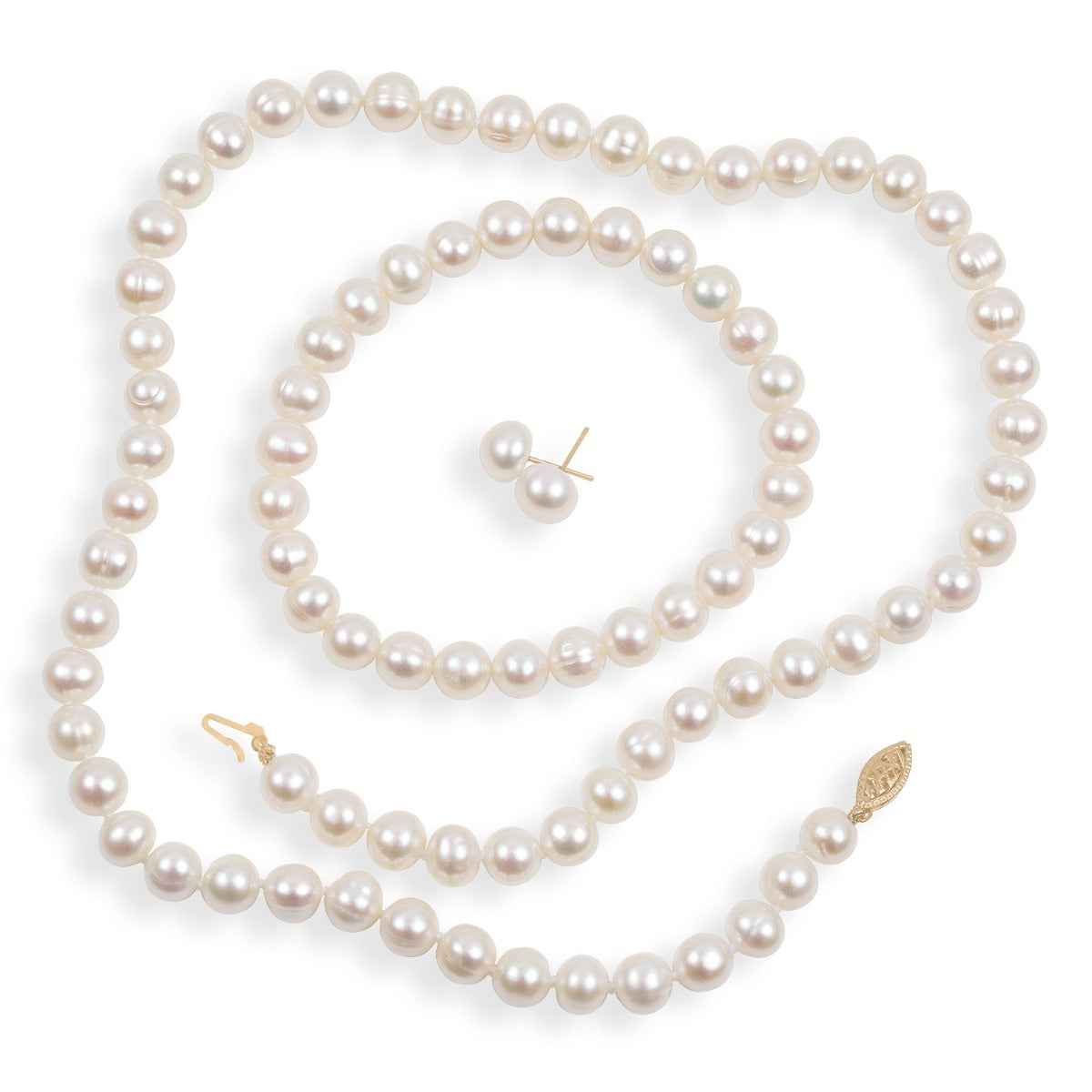 Cultured Freshwater Pearl Necklace, Stretch Bracelet & Earring Set in 14K Yellow Gold