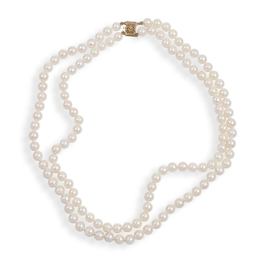 6-6.5mm Cultured Akoya Pearl Double Row Necklace in 14K Yellow Gold front view