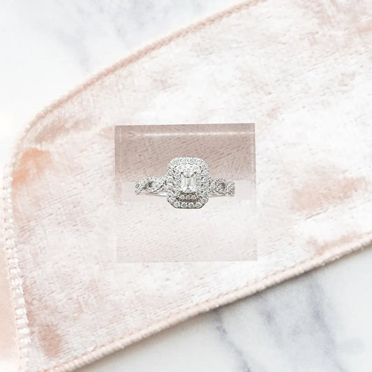 True Promise 1/2 ct. tw. Emerald Cut Diamond Double Halo Engagement Ring with Twist Shank in 10K White Gold close-up detail