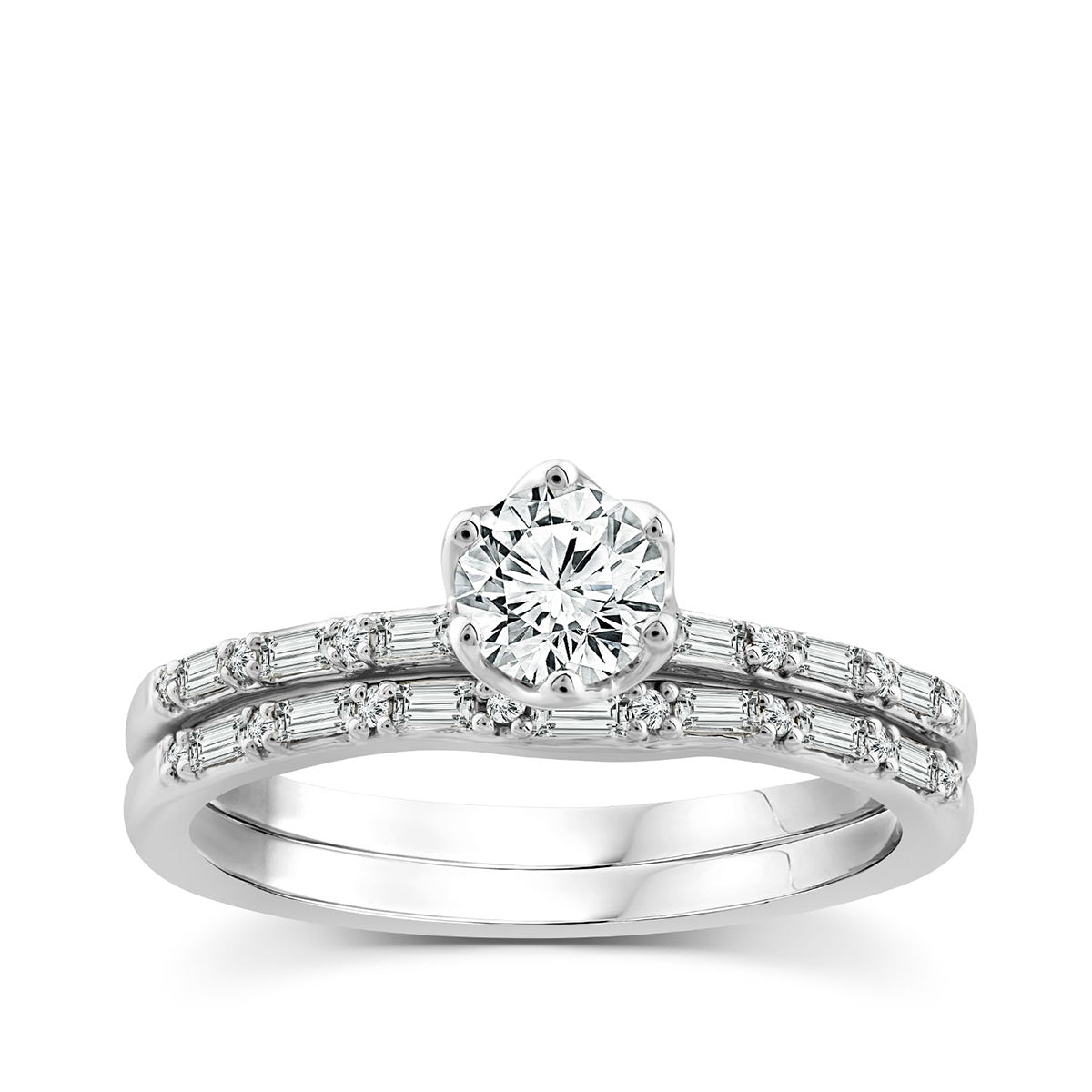 Timeless Collection 3/4 ct. tw. Round Brilliant & Baguette Diamond Wedding Set in 14K White Gold