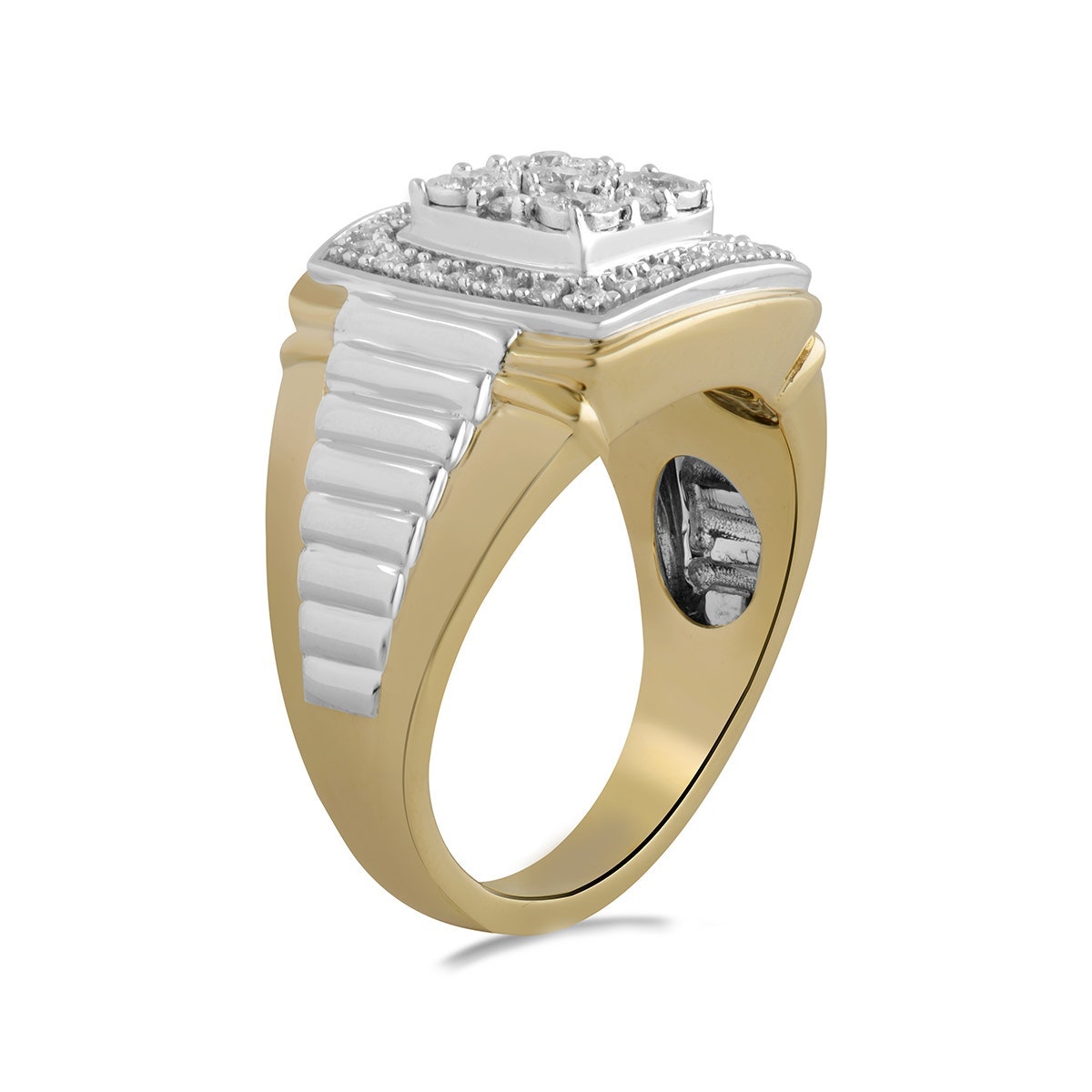 1/2 ct. tw. Men's Diamond Cluster Rolex Style Ring with Miracle Plates in 10K White & Yellow Gold front view