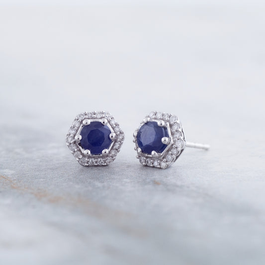 Round Sapphire & 1/7 ct. tw. Diamond Hexagon Halo Earrings in 10K White Gold front view