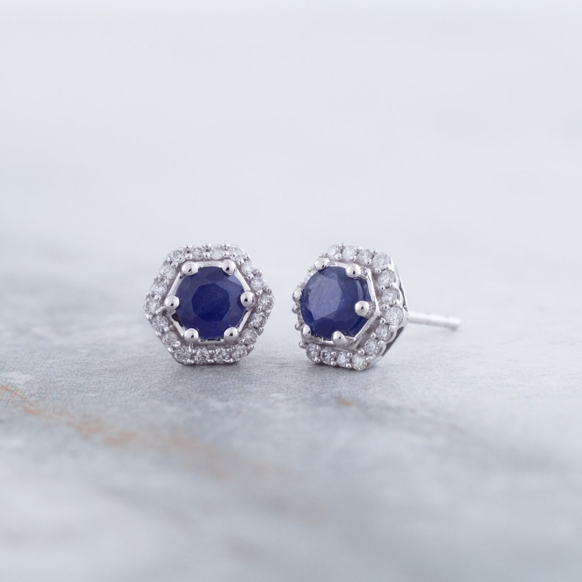 Round Sapphire & 1/7 ct. tw. Diamond Hexagon Halo Earrings in 10K White Gold front view