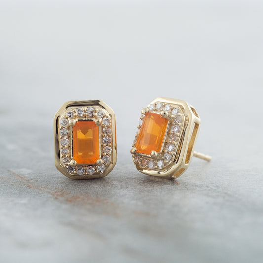 American Colors Emerald Cut Fire Opal & 1/7 ct. tw. Diamond Halo Earrings in 10K Yellow Gold front view