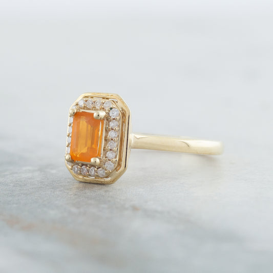 American Colors Emerald Cut Fire Opal & 1/8 ct. tw. Diamond Halo Ring in 10K Yellow Gold side profile