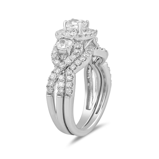 Adamante 2 ct. tw. Lab-Grown Cushion 3-Stone Diamond Halo Wedding Set in 14K White Gold front view