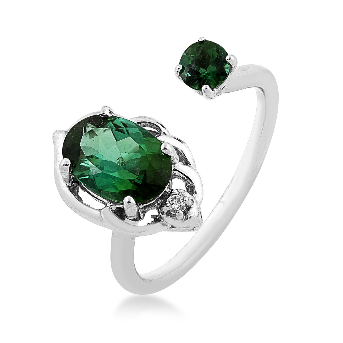 Oval & Round Green Tourmaline & Diamond Accent Open Ring in 14K White Gold front view