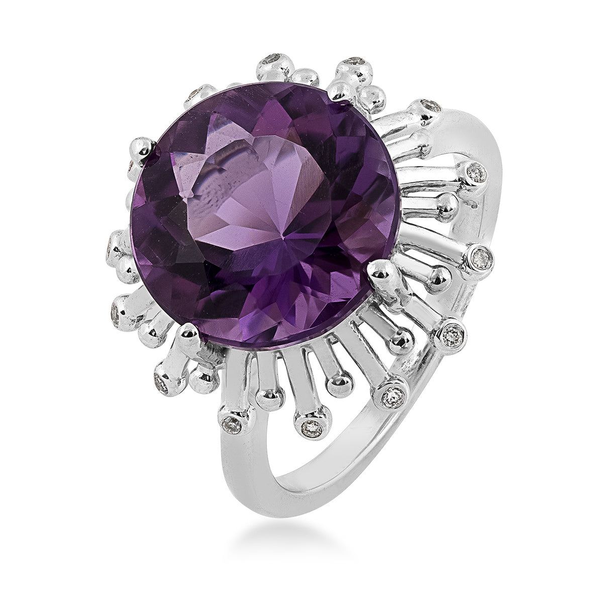 Round Amethyst & Diamond Accent Starburst Halo Ring in 14K White Gold front view