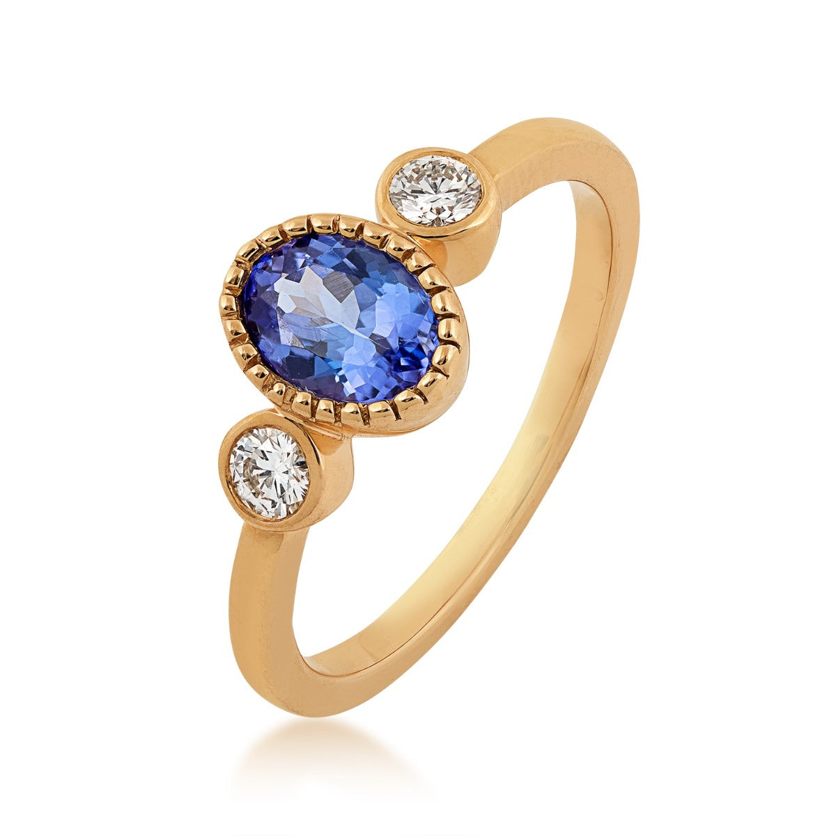Oval Tanzanite & 1/6 ct. tw. Diamond Ring with Milgrain Halo in 14K Yellow Gold front view