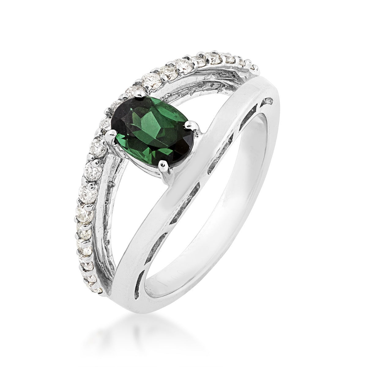 Oval Green Tourmaline & 3/8 ct. tw. Diamond Split Shank Ring in 14K White Gold front view