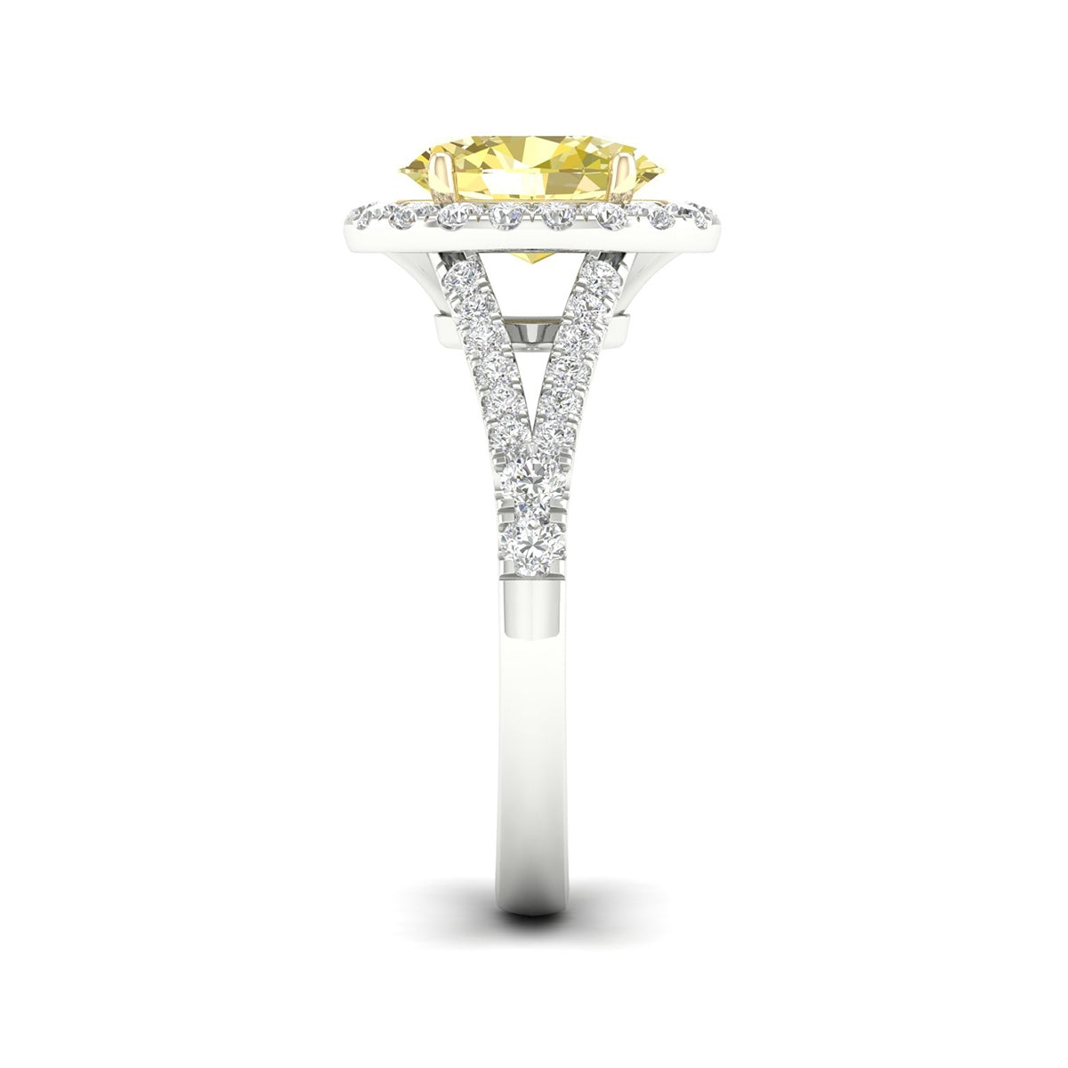 Adamante 2 ct. tw. Lab-Grown Oval Yellow & White Diamond Halo Split Shank Engagement Ring in 14K White Gold side profile